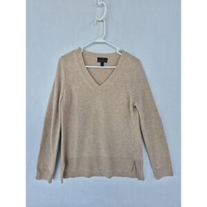 J Crew Sweater Women's Cashmere Wool Blend V Neck Long Slv Leather Patches Sz S